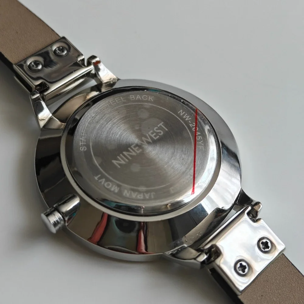 Nine West Womens Floral Dial Black Leather Strap Watch New Silver Tone‎ Steel